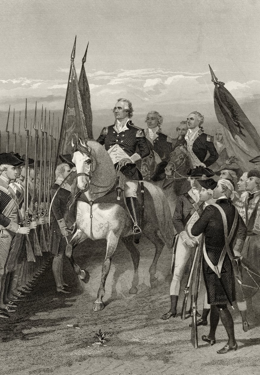 ジョージワシントンが軍の指揮を執る1775年、「ワシントンの生涯と時代」第1巻、1857年発行 作： アロンゾチャペル