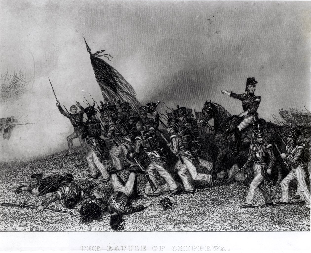 1814年7月5日、ジョン・フライ・アンド・カンパニーによって刻まれたチペワの戦い、スコット将軍、マクニール大隊の突撃を命じる（彫刻）（bundw写真） 作： アロンゾチャペル