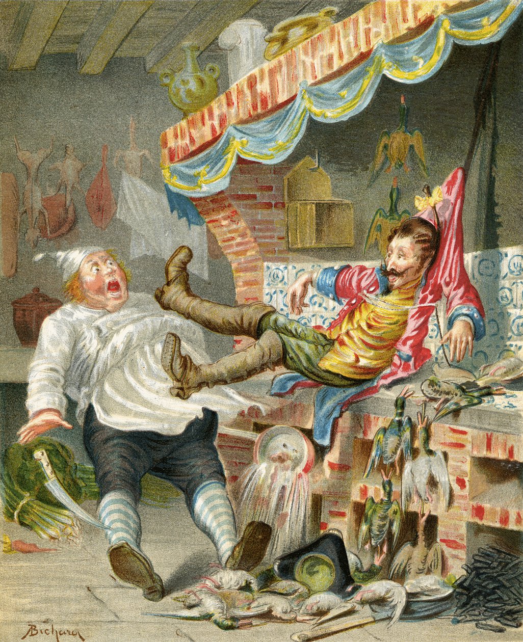 ルドルフ・エーリッヒ・ラスペ（1736-94）による「The Mans of Baron Munchausen」からの煙突を下るカモの飛翔 作： アルフォンス・アドルフ・ビチャード
