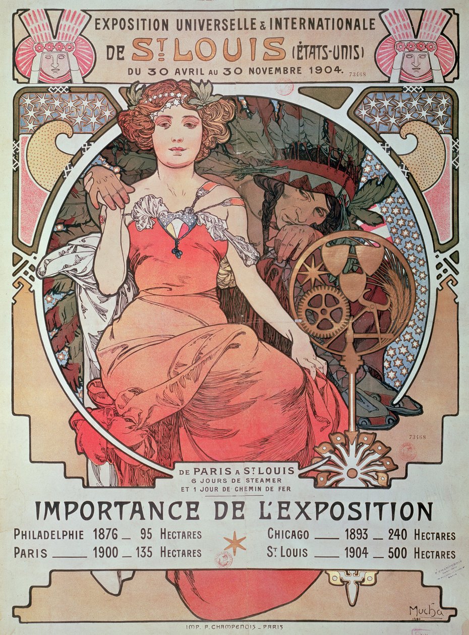 ワールドフェアのポスター、セントルイス、アメリカ合衆国、1904年（リトグラフ） 作： アルフォンス・ミュシャ