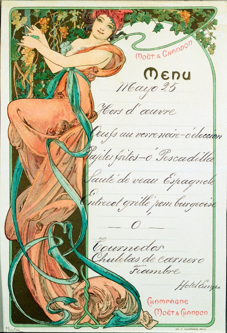 シャンパーニュモエとシャンドンによって印刷されたフランスの名物料理のメニュー。 Alphonse Mucha（1860-1939）によるイラストDim。 22x15 cmミラノ、プライベートコレクション 作： アルフォンス・ミュシャ