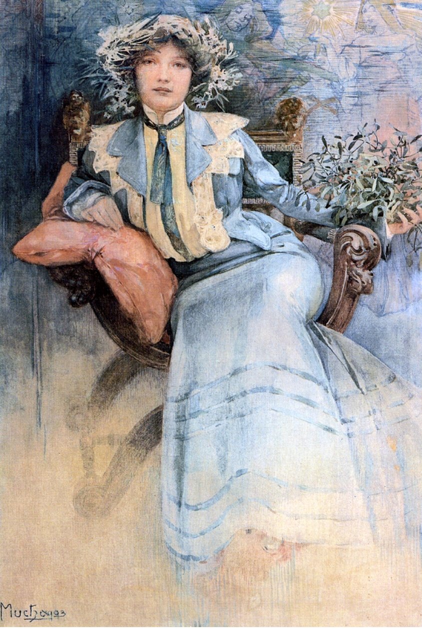 アーティストの妻、1903（リネンのトイレ） 作： アルフォンス・ミュシャ