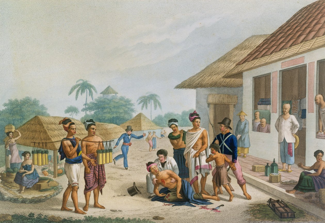 ティメルのクーパンにあるバザールの景色。1825年に出版された1825年にポメルによって彫刻された「航海のオートルデュモンドシュルレコルベットドゥウラニー1817-20」から 作： アルフォンスペリオン
