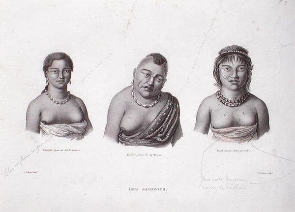 サンドウィッチ諸島のハワイアン酋長の妻たち、1824年頃（彫刻） 作： アルフォンス（後）ペリオン