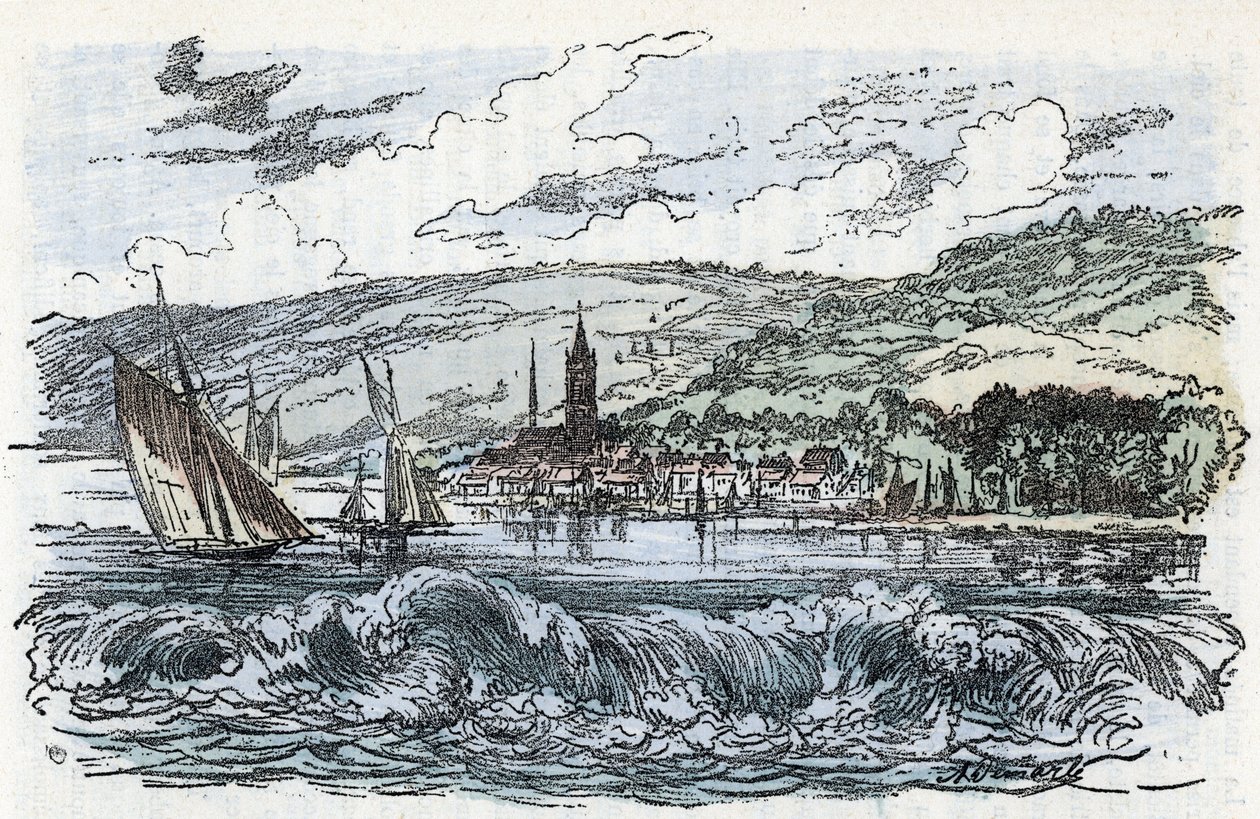 View of the mascaret of the Seine to Caudebec-en-Caux (Caudebec en Caux) in the Seine Maritime, Normandie (the Tidal bore of Seine river a Caudebec en Caux, Normandy) Engraving from “” La nature et l