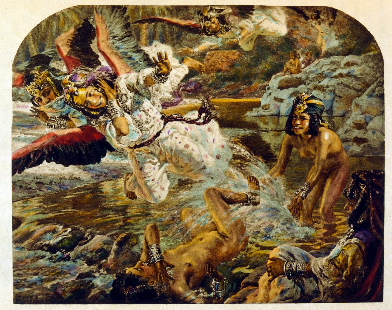 アラブの生活風景「蜃気楼」よりディネによるイラスト。1906.Mirages, Scenes De La Vie Arab』はエティエンヌ・ディネの挿絵、シルマン・ベン・イブラヒム・バマーの解説。ナスレディーヌ・ディネはアルフォンス＝エティエンヌ・ディネ（1861-1929）として生まれた。 作： アルフォンス・エティエンヌ・ディネ