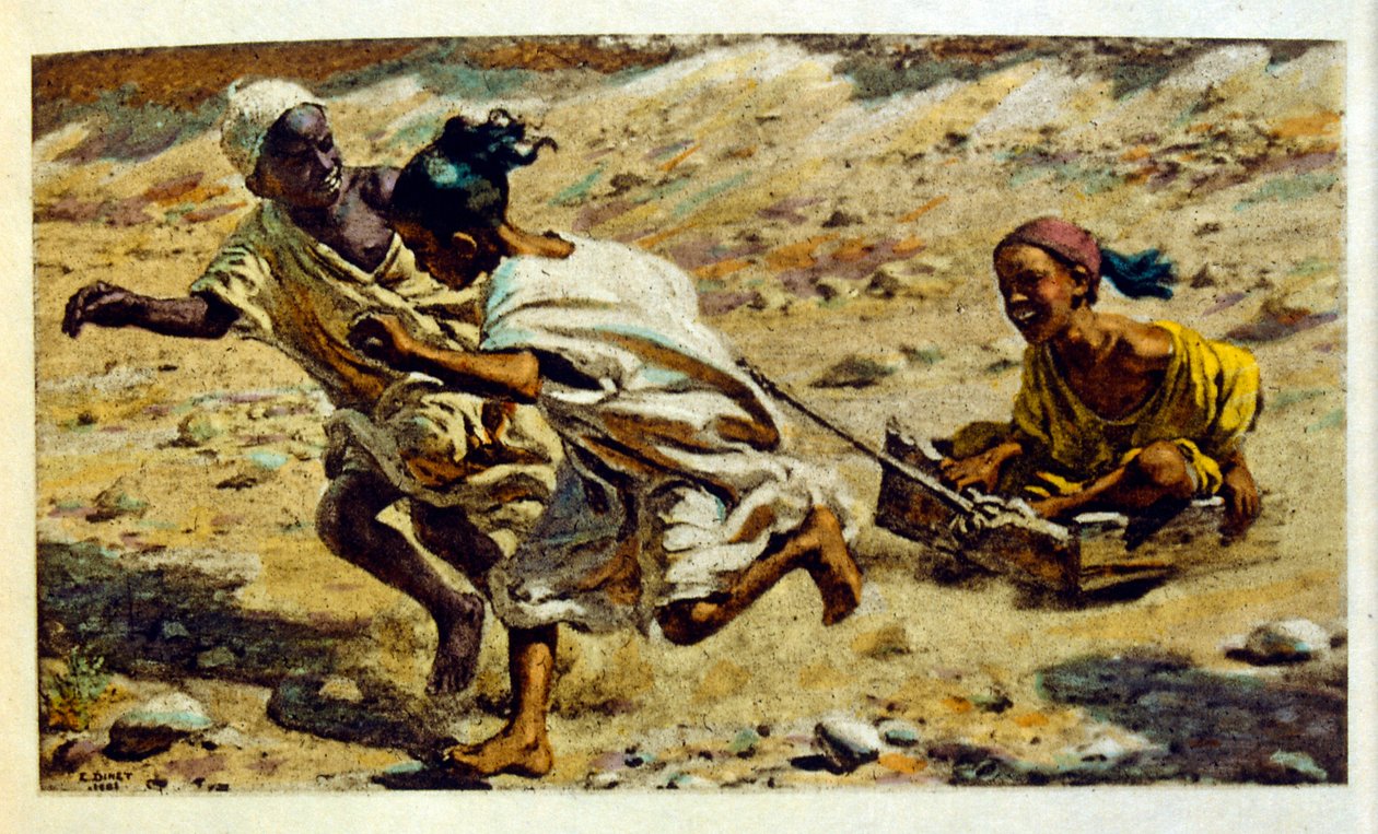 アラブの生活風景「蜃気楼」よりディネによるイラスト。1906.Mirages, Scenes De La Vie Arab』はエティエンヌ・ディネの挿絵、シルマン・ベン・イブラヒム・バマーの解説。ナスレディーヌ・ディネはアルフォンス＝エティエンヌ・ディネ（1861-1929）として生まれた。 作： アルフォンス・エティエンヌ・ディネ