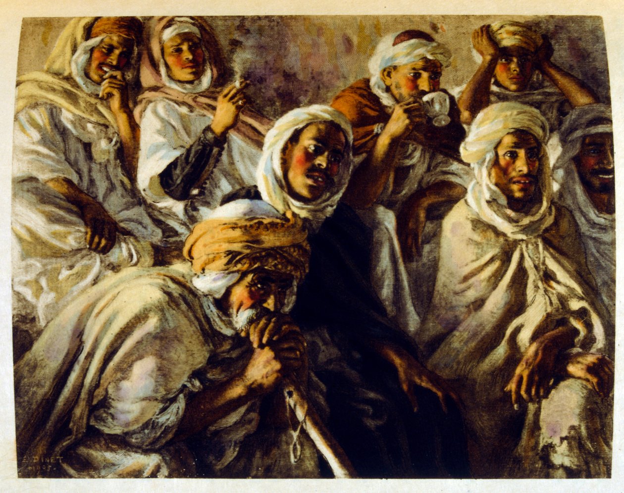 「Mirages」Scenes of Arab life の Dinet によるイラスト。 1906年。ミラージュ、シーン・デ・ラ・ヴィ・アラブは、エティエンヌ・ディネットによってイラストが描かれ、シルマン・ベン・イブラヒム・バーマーによる解説が付けられました。 Nasreddine Dinet は、Alphonse-Étienne Dinet として生まれました。 (1861-1929) はフランスの東洋人でした 作： アルフォンス・エティエンヌ・ディネ