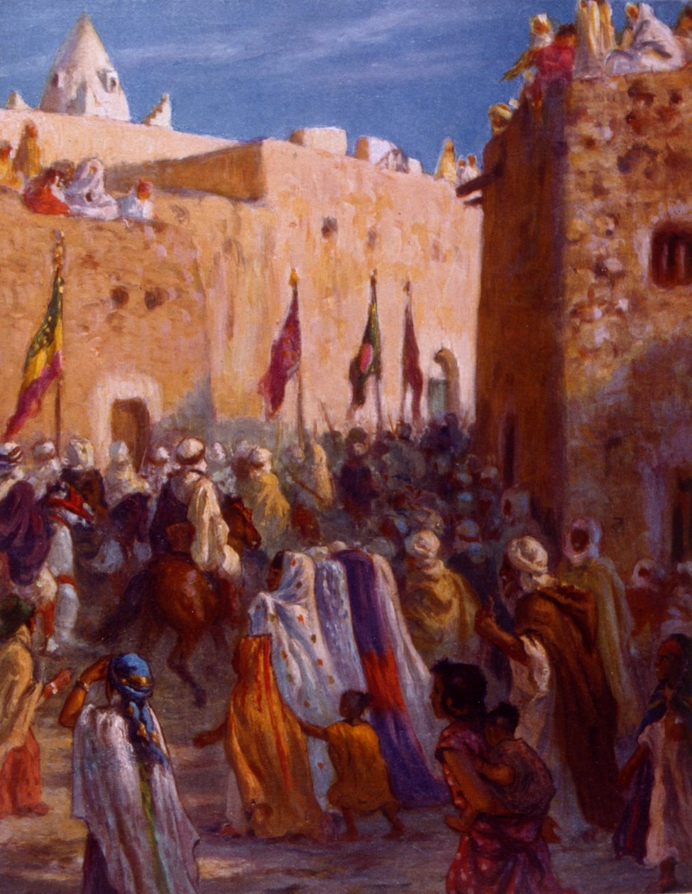 Ilustração retratando guerreiros árabes muçulmanos deixando uma cidade para embarcar na Jihad ou na Guerra Santa. por Nasreddine Dinet (Alphonse-Étienne Dinet). 1861 1929. pintor orientalista francês. 1918. 作： アルフォンス・エティエンヌ・ディネ