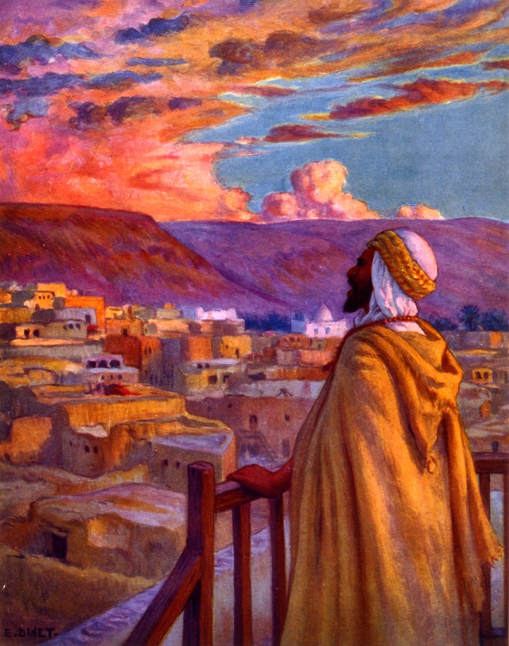 Muezzin calling the faithful to prayer at a village in the desert. by Nasreddine Dinet (Alphonse-Étienne Dinet). 1861  1929. a French orientalist painter 1918   1456203   ja       japanese Successfully Translated  Original: Interior of Winchester Cathedra 作： アルフォンス・エティエンヌ・ディネ