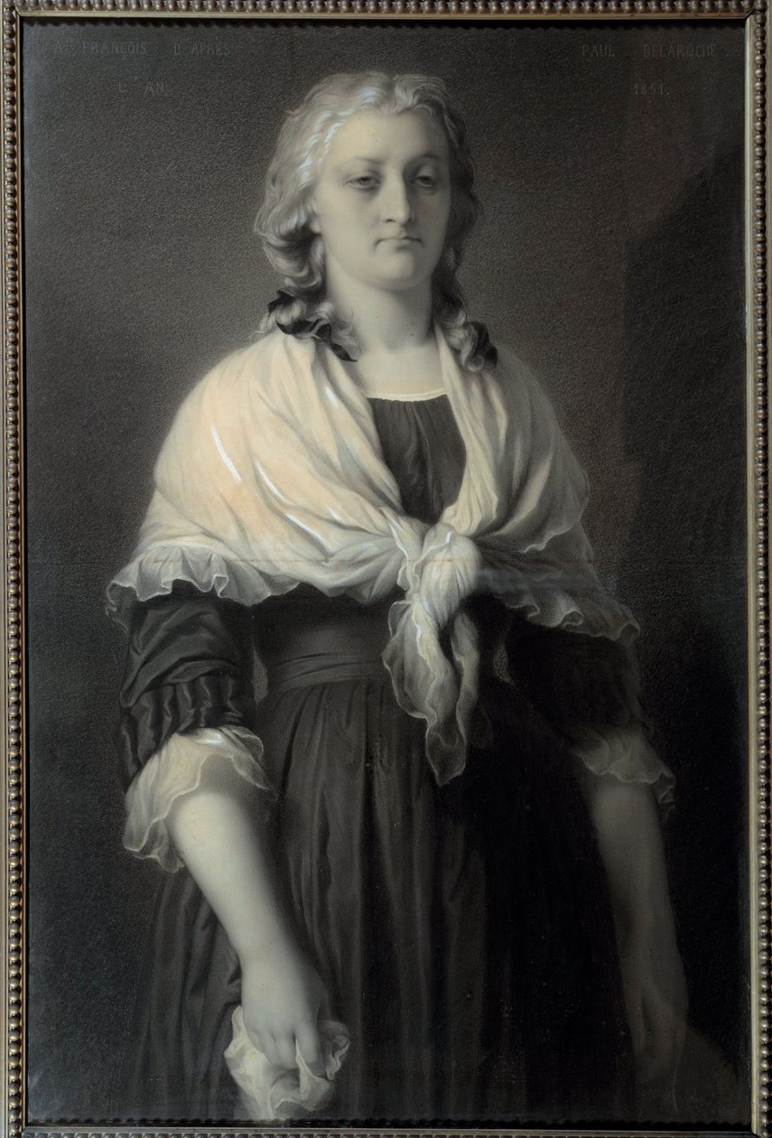 コンシェルジュでの女王マリー アントワネット (1755-1793) の肖像 1793 年に表現された女王は、喪に服しています。 アルフォンス・フランソワ (1814-1888) による木炭画 1851 日。 0,72x1,11 m マルメゾン、シャトー美術館 作： アルフォンス・フランソワ