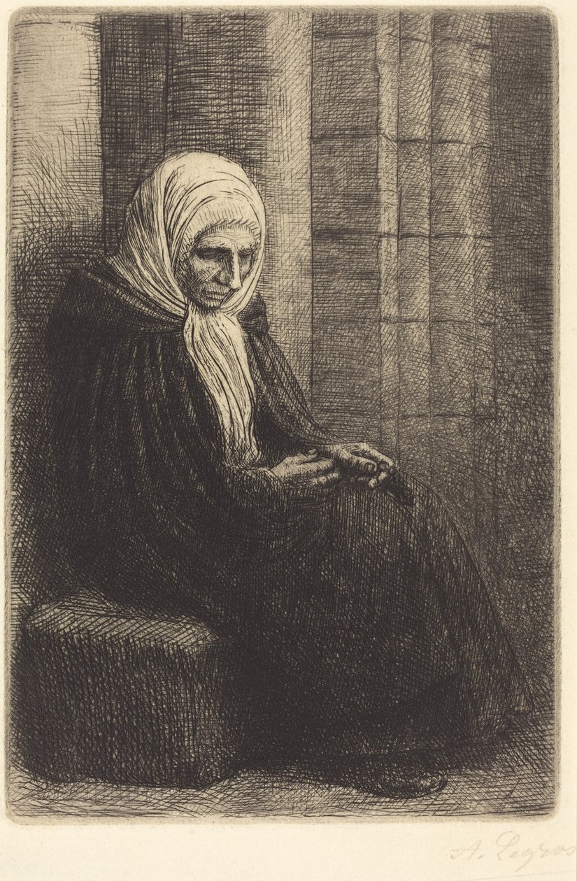 壁を背に腰を下ろした女性、その膝の上に頭を乗せた子供（Femme assis, muraille au fond, enfant la tete dans son giron） 作： アルフォンス・レグロス