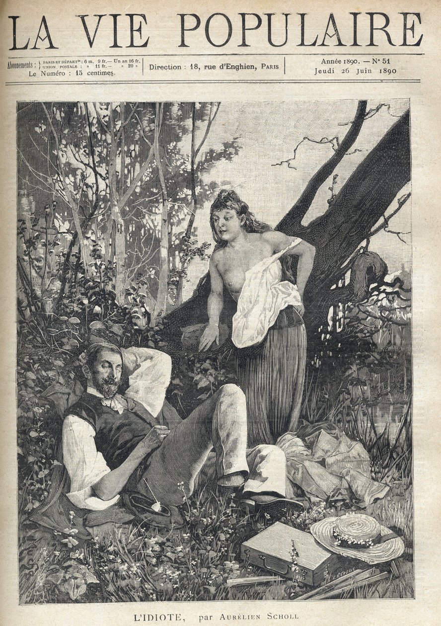 Eine junge Frau, zerzaust, entblößt, mit sichtbarer Brust, lehnt sich vertrauensvoll und vergnügt zu einem Maler, der in der Natur liegt und schläft. Jacke, Hut, Material und Pfeife sind auf dem Boden verstreut. Illustration von Alfons Maria Mucha (Alphons von Alphonse Mucha