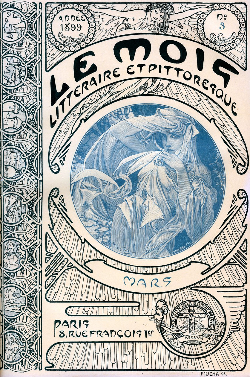アルフォンス・ミュシャ（1860-1939）の雑誌（月刊誌）『リタラシーで絵画的な月』の表紙。1899年3月 - メゾン・ドゥ・ラ・ボン・プレス - (Maison de la Bonne Presse) 作： アルフォンス・ミュシャ
