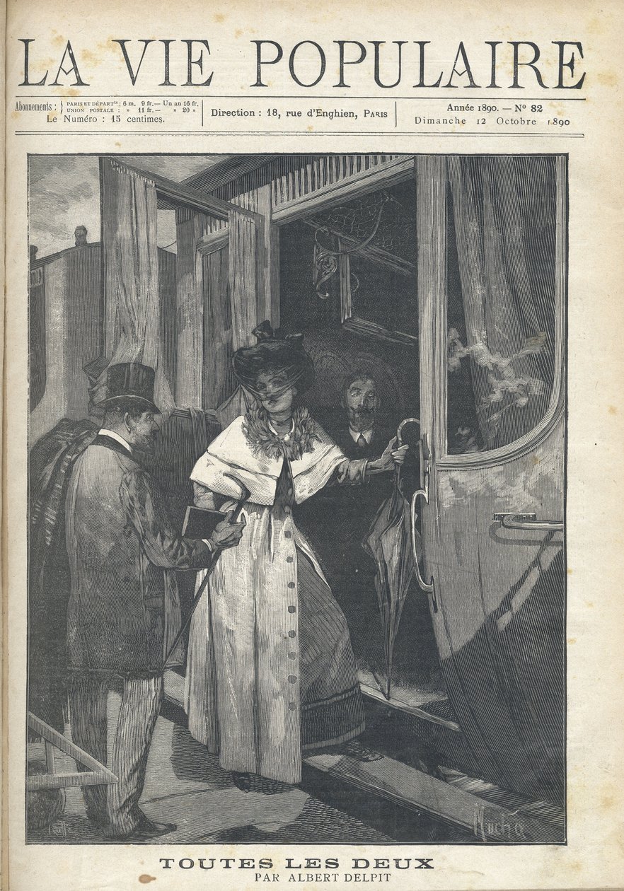 駅のホームで列車に乗り込む男女の別れ際。イラスト：アルフォンス・マリア・ミュシャ（Alphonse Marie Mucha 作： アルフォンス・ミュシャ