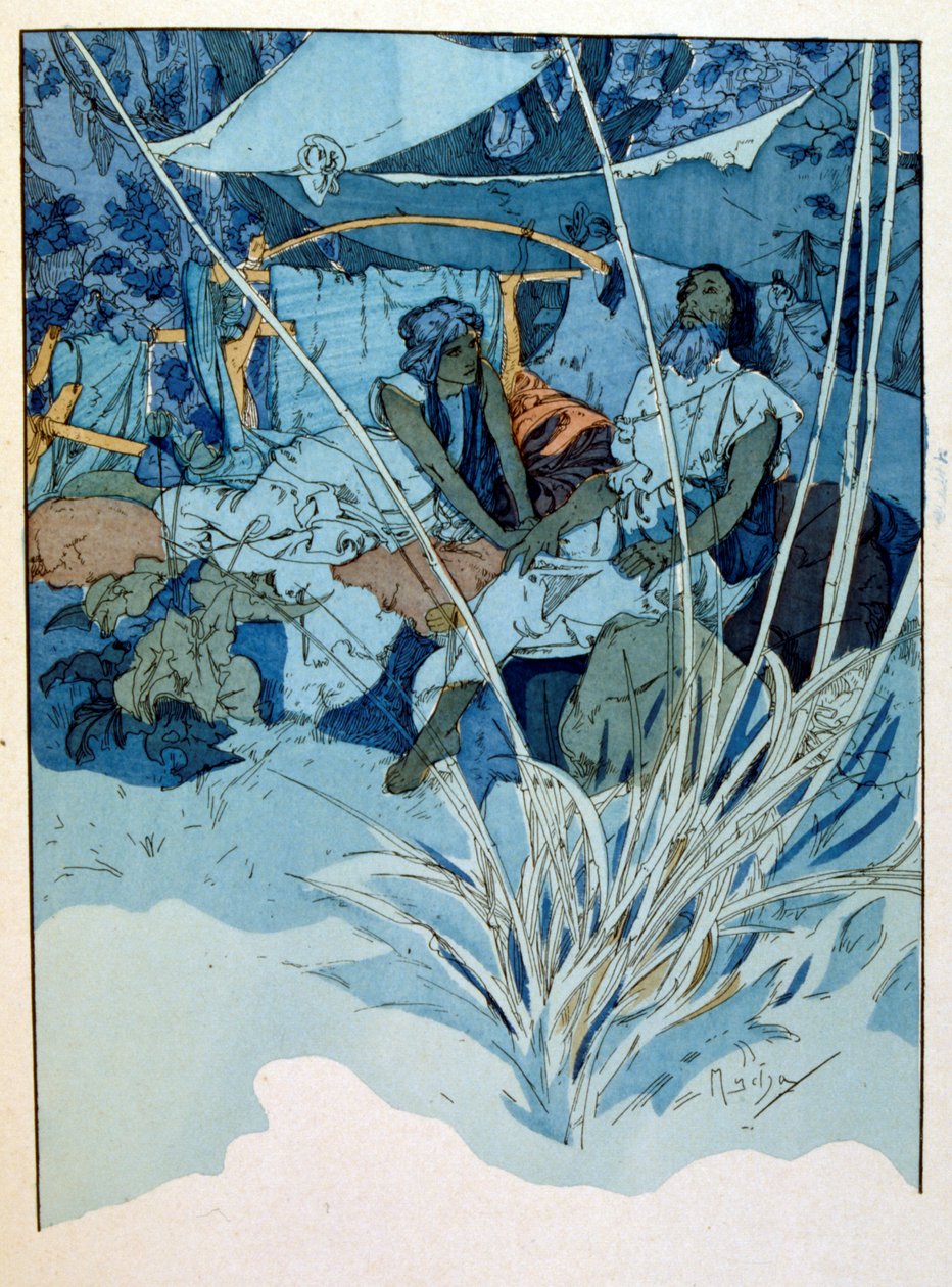 アルフォンス・ミュシャによる、ポール・ヴェロラの3幕の詩「ラーマ」の挿絵（1898年頃）。ミュシャ（1860年～1939年）は、チェコのアールヌーボーの画家です。 作： アルフォンス・ミュシャ
