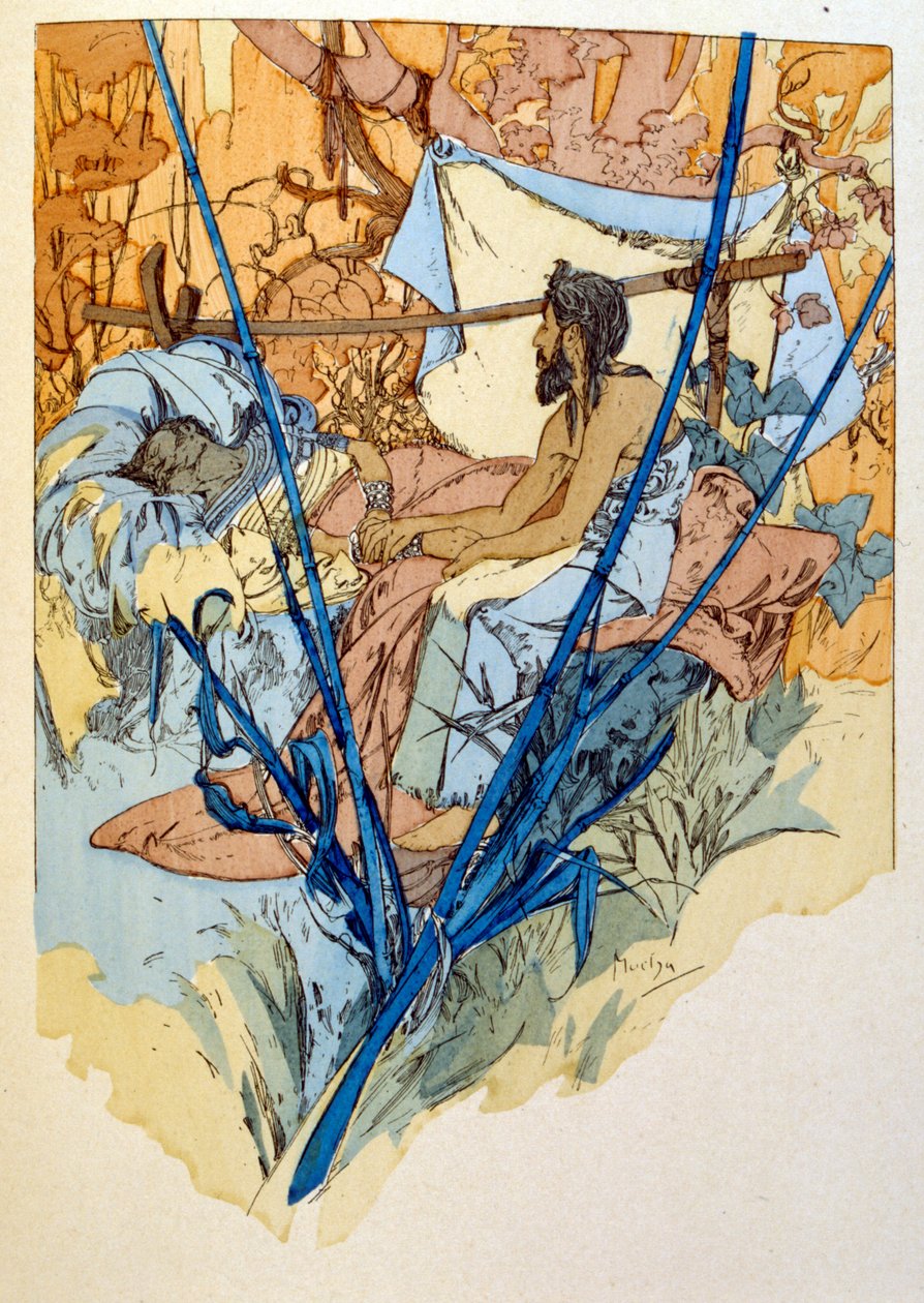 アルフォンス・ミュシャによる、ポール・ヴェロラの3幕の詩「ラーマ」の挿絵（1898年頃）。ミュシャ（1860年～1939年）は、チェコのアールヌーボーの画家です。 作： アルフォンス・ミュシャ