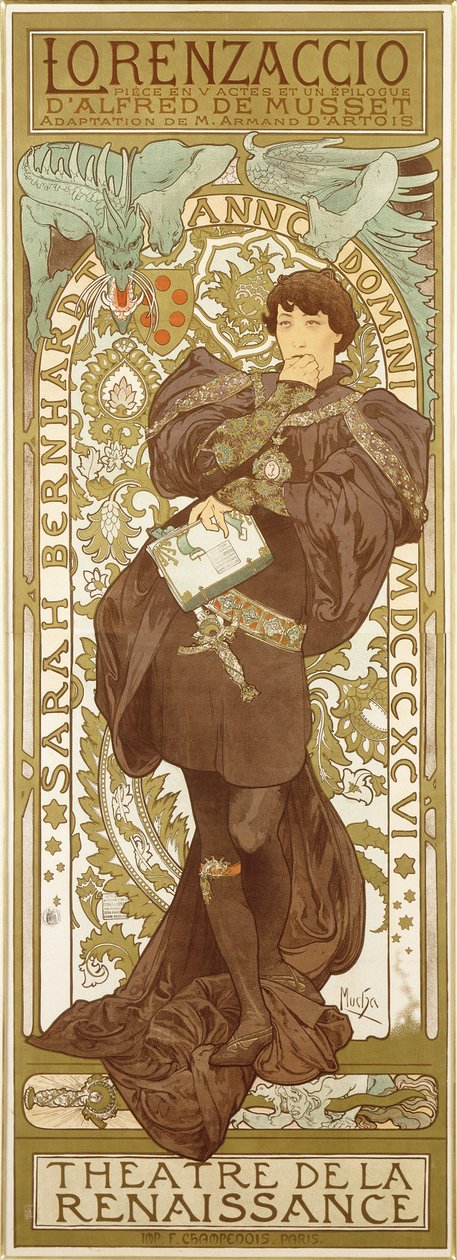 サラベルナールの立ち姿を描いたロレンツァッチョ、1896年 作： アルフォンス・ミュシャ