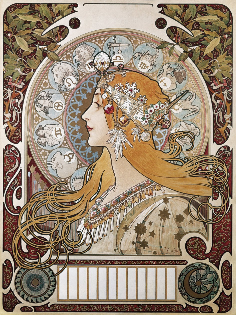 ムシャ、アルフォンス・マリア（1860-1939）。ゾディアック1896.(67 x 48 cm)。雑誌 "La Plume"（羽）の広告ポスターとカレンダー。モダニズム。リトグラフィー 作： アルフォンス・マリー・ミュシャ