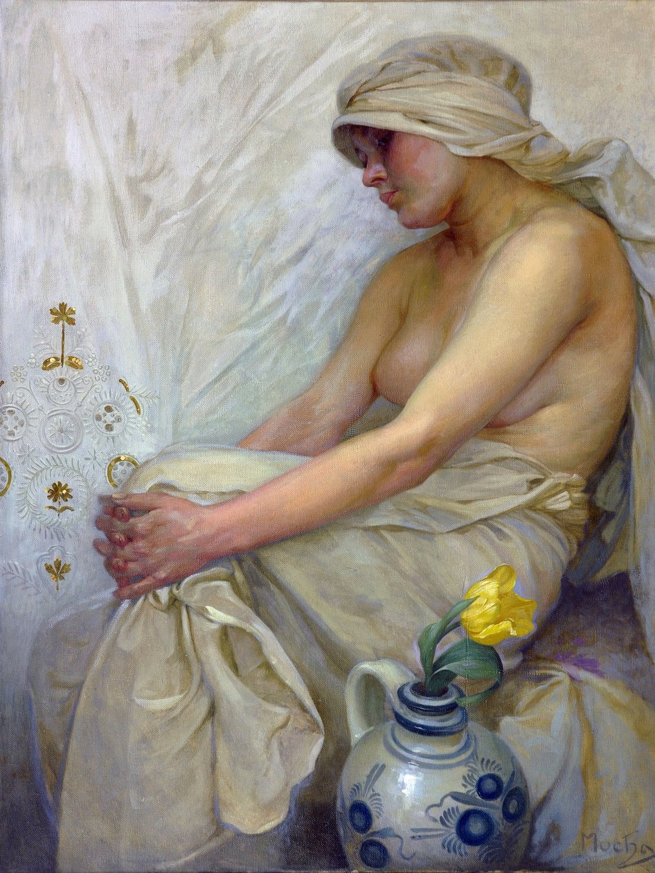 座る少女 par Mucha, Alfons Marie (1860-1939), c. 1914 - テンペラ、キャンバス、80x60 - Private Collection 作： アルフォンス・ミュシャ