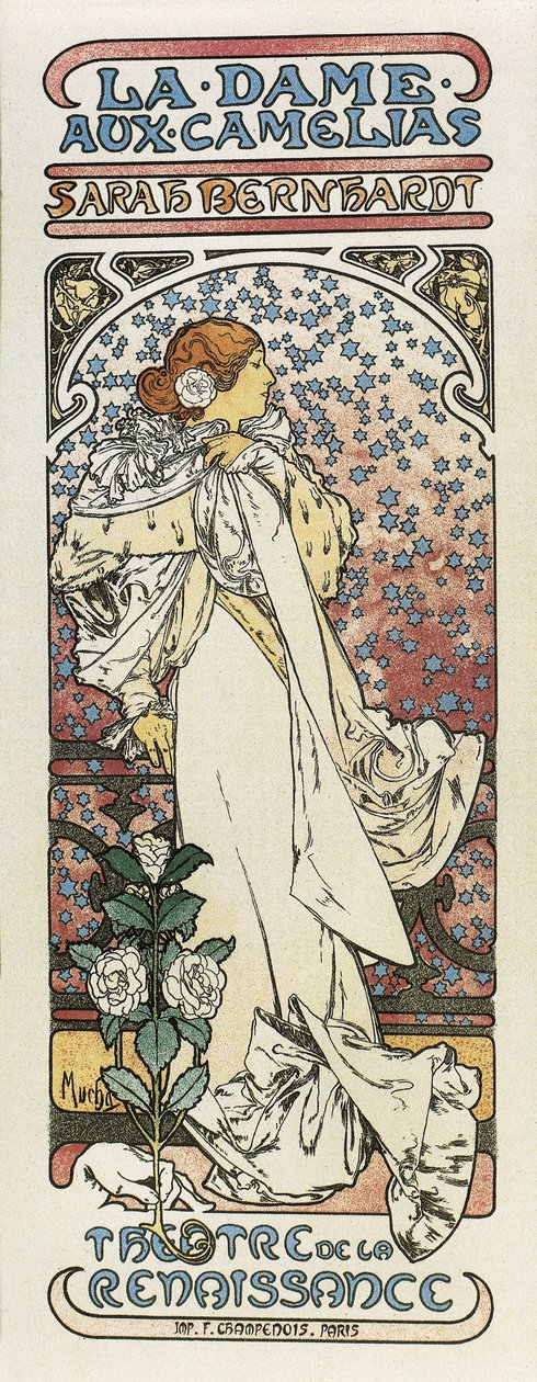 カメリアの貴婦人（La dame aux camelias）。1896年（リトグラフ 作： アルフォンス・ミュシャ