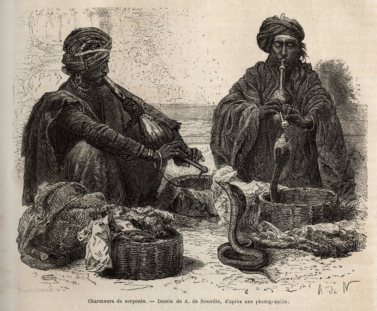 笛を吹いて爬虫類を引き寄せる蛇の商人（Les charmeurs de serpents）：1864年から1868年にかけて行われたラジャのインドへの航海を描いたA.de Neuvilleの絵をもとに、Louis Rousseletが「Le tour」に掲載したもの。 作： アルフォンス・マリー・ド・ヌーヴィル