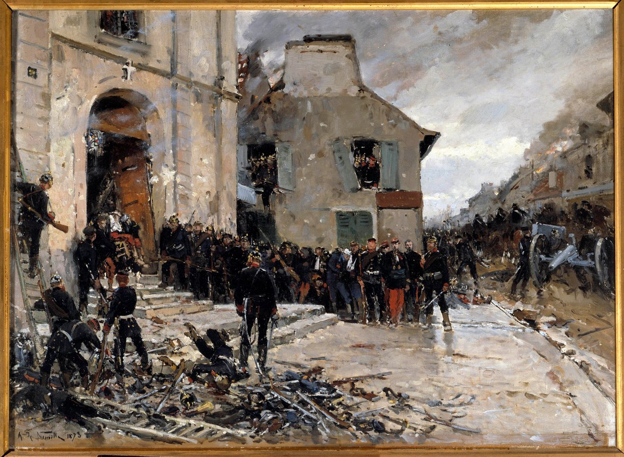 1870-1871年の戦争とプロイセンによるパリ包囲戦。"Le combat du Bourget, 30/10/1870" アルフォンス・ド・ヌーヴィル（1835-1885）画 1873 Sun.0.57x0.79 m パリ、オルセー美術館 作： アルフォンス・マリー・ド・ヌーヴィル