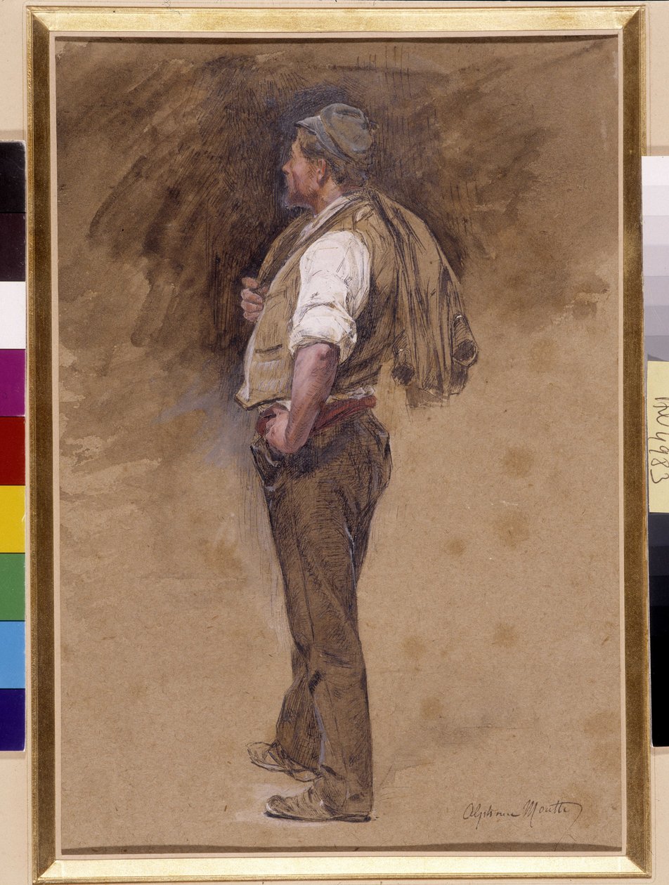 ファーマーはジャケットを頭にかぶっています。 Alphonse Moutte (1840-1913) による絵画、必須の言及: プロヴァンス、マルセイユのコレクション財団の敬意 (薄暗い 27x18) 作： アルフォンス・ムッテ