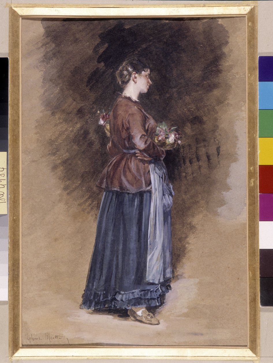 花のバスケットを持つ農家 Alphonse Moutte (1840-1913) の絵画、薄暗い cm 27x18 必須の言及: プロヴァンス、マルセイユのコレクション財団について 作： アルフォンス・ムッテ