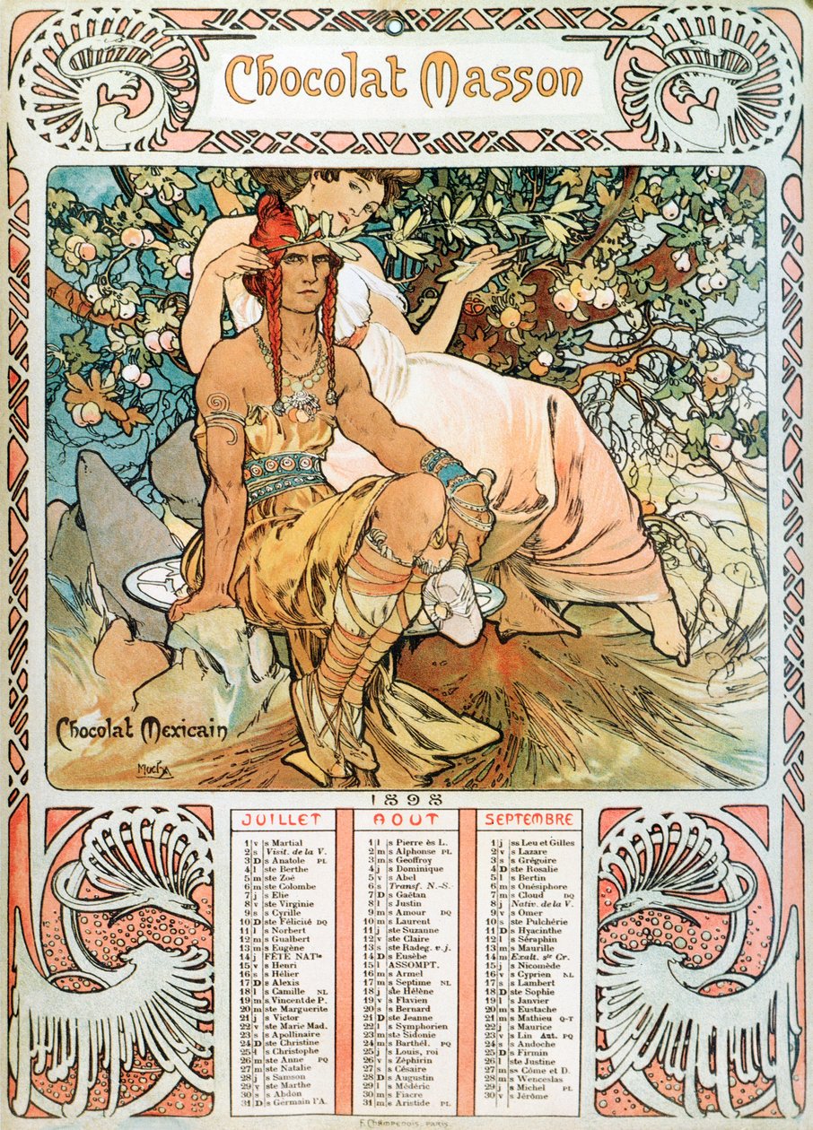 大人のカレンダーページ1898年チョコレートマッソン-アルフォンスミュシャ（1860-1939）による広告イラストの装飾者-「”中年”」アルフォンスミュシャによる広告イラスト 作： アルフォンス・ミュシャ