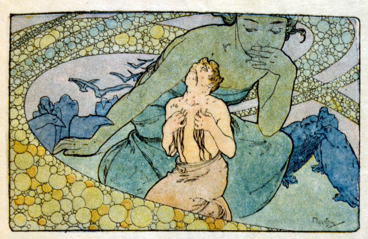 フランスの作家アナトール・フランスの作品「クリオ」からアルフォンス・ミュシャが描いたイラスト。1900.ミュシャ（1860年 1939年）。チェコのアール・ヌーヴォーの画家である 作： アルフォンス・ミュシャ