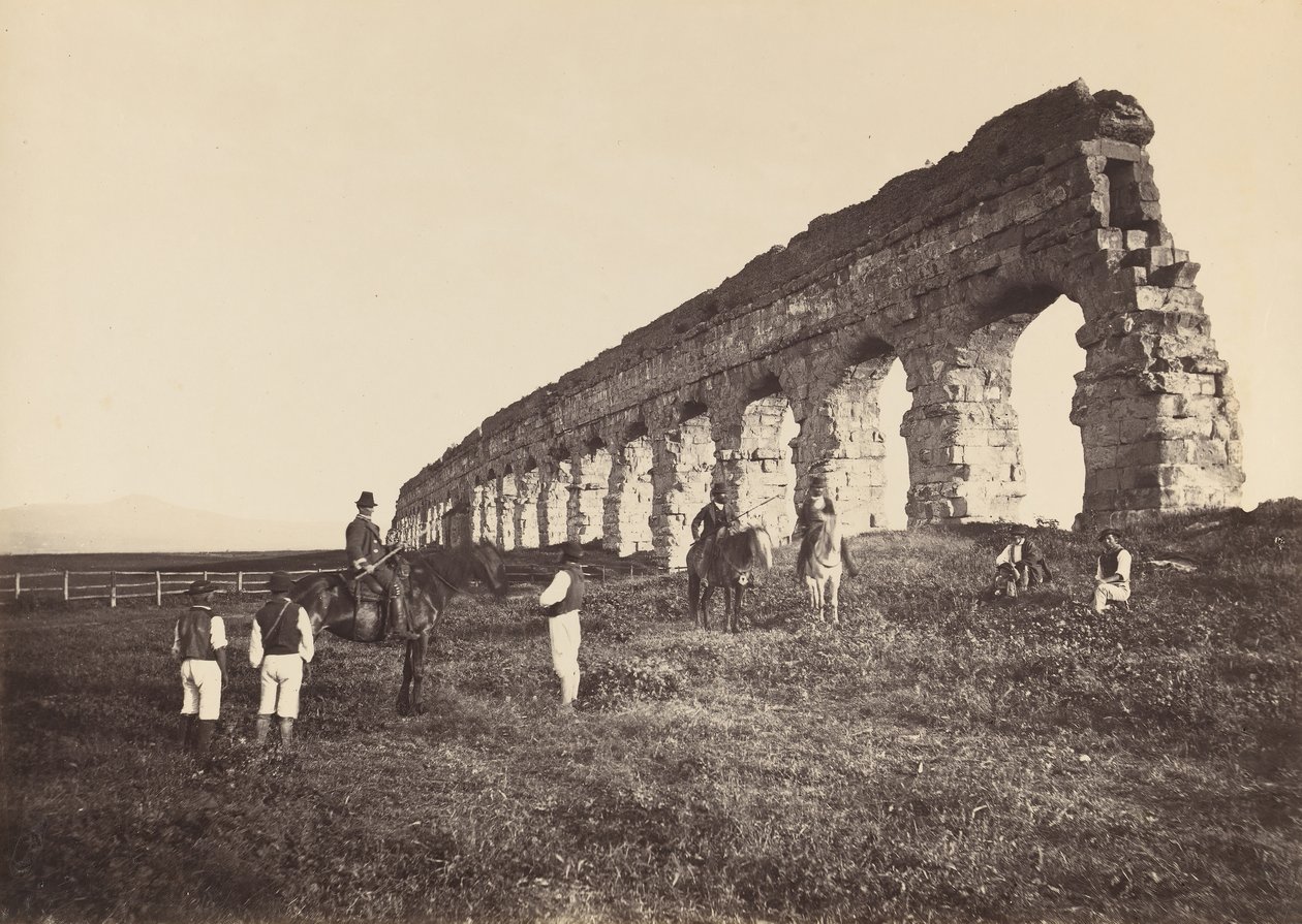 [ローマの水道橋で馬に乗った男たち]、1860 年代。 作： アルトベリとモリンズ。