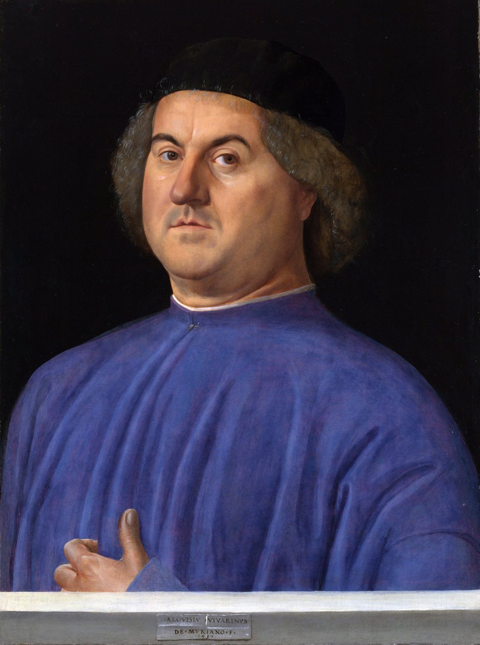 「男の肖像」 青いチュニックを着たブルジョワ - アルヴィーゼ・ヴィヴァリーニの絵画 (1446 年頃 - 1505 年頃) 1497 ロンドン ナショナル ギャラリー 作： アルヴィーゼ・ヴィヴァリーニ