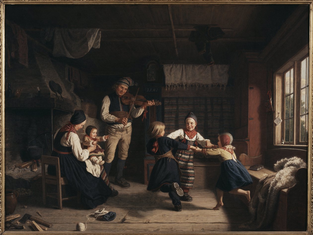 Dimanche soir dans une ferme de Dalecarlie - ダーラナの農家での日曜日の夕べ』Lindegren, Amalia (1814-1891)作。油彩・キャンバス 作： アマリア・リンデグレン