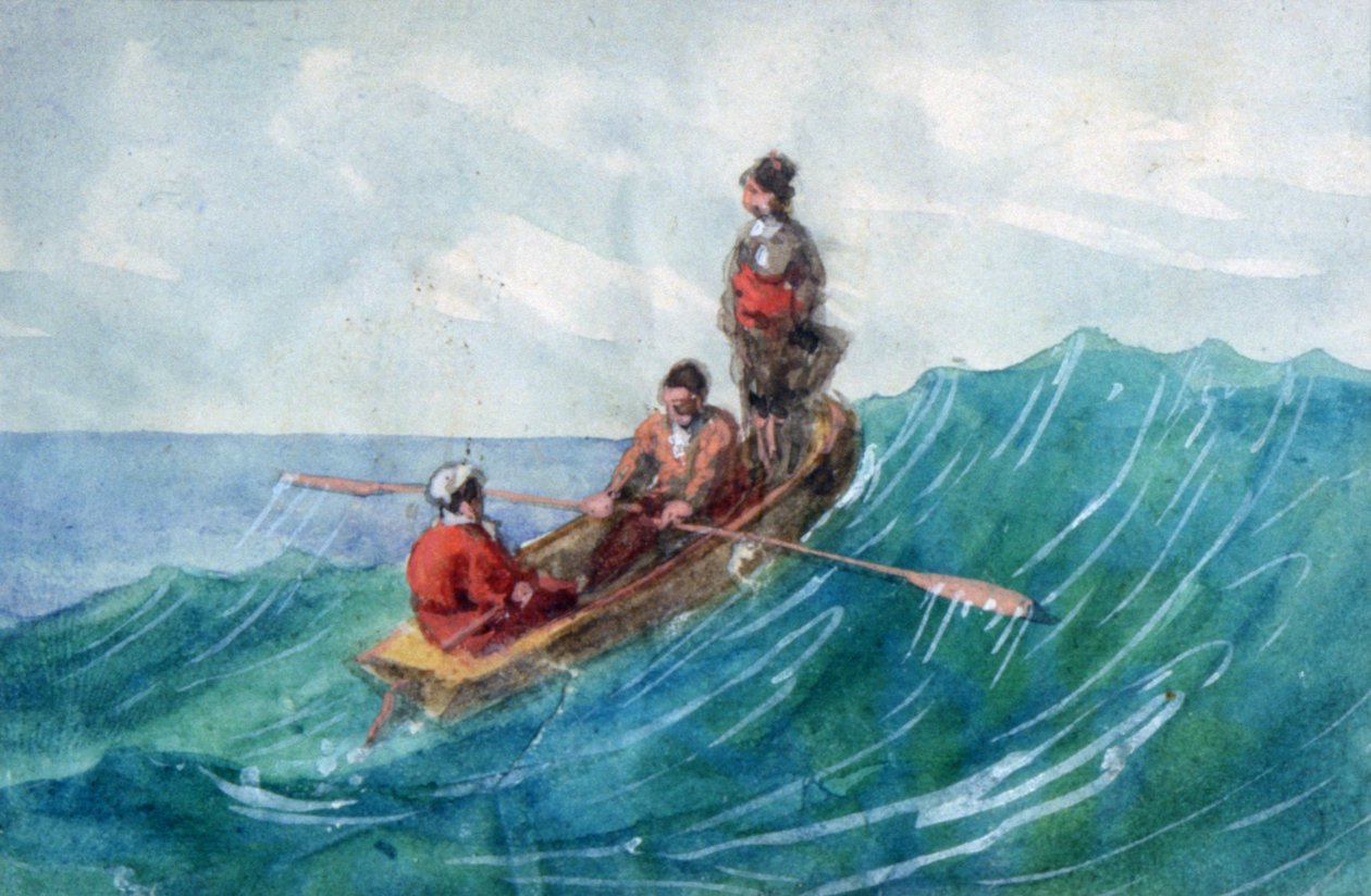 ディンギー」。水彩画。Aurore Amadine Lucie Dupin (1804-1876) ジョージ・サンドの名で執筆したフランスの小説家、フェミニスト。波に乗る小さな手漕ぎボートの3人の人物。 作： アマンティンデュパン