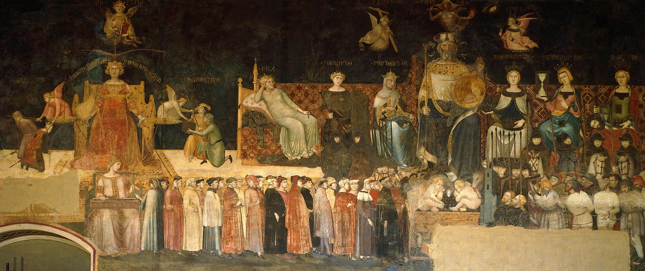 善政の寓意」の詳細 アンブロジオ・ロレンツェッティ（活動時期：1285年～1348年）の「町と国における善政と悪政の寓意と影響」のフレスコ画、シエナの公会堂の平和の間 作： アンブロージョ・ロレンツェッティ