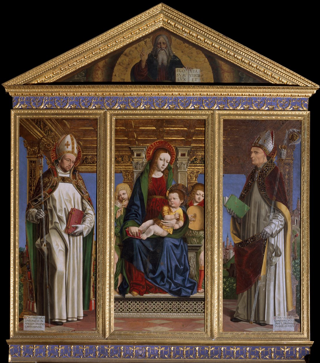 Jungfrau und Kind mit den Heiligen Hugh von Avalon und Hugh von Grenoble (Gemälde von Ambrogio da Fossano) von Ambrogio da Fossano (c.1460-1523)