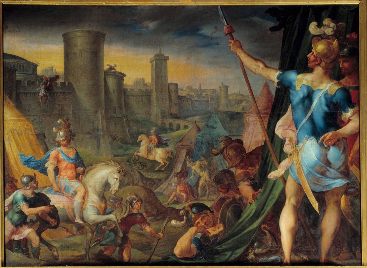 エルサレム前のクロイゼたちの陣地 詩人ル・タッセ（Il tasso）の「La jerusalem delibree」を描いたシリーズ「Histoire de Tancrede et de Clorinde」より アンブロワーズ・デュボア（1542-1614）の絵画 日。1,62 x 2,15 m フォンテーヌブロー。シャトー 作： アンブロワーズデュボア