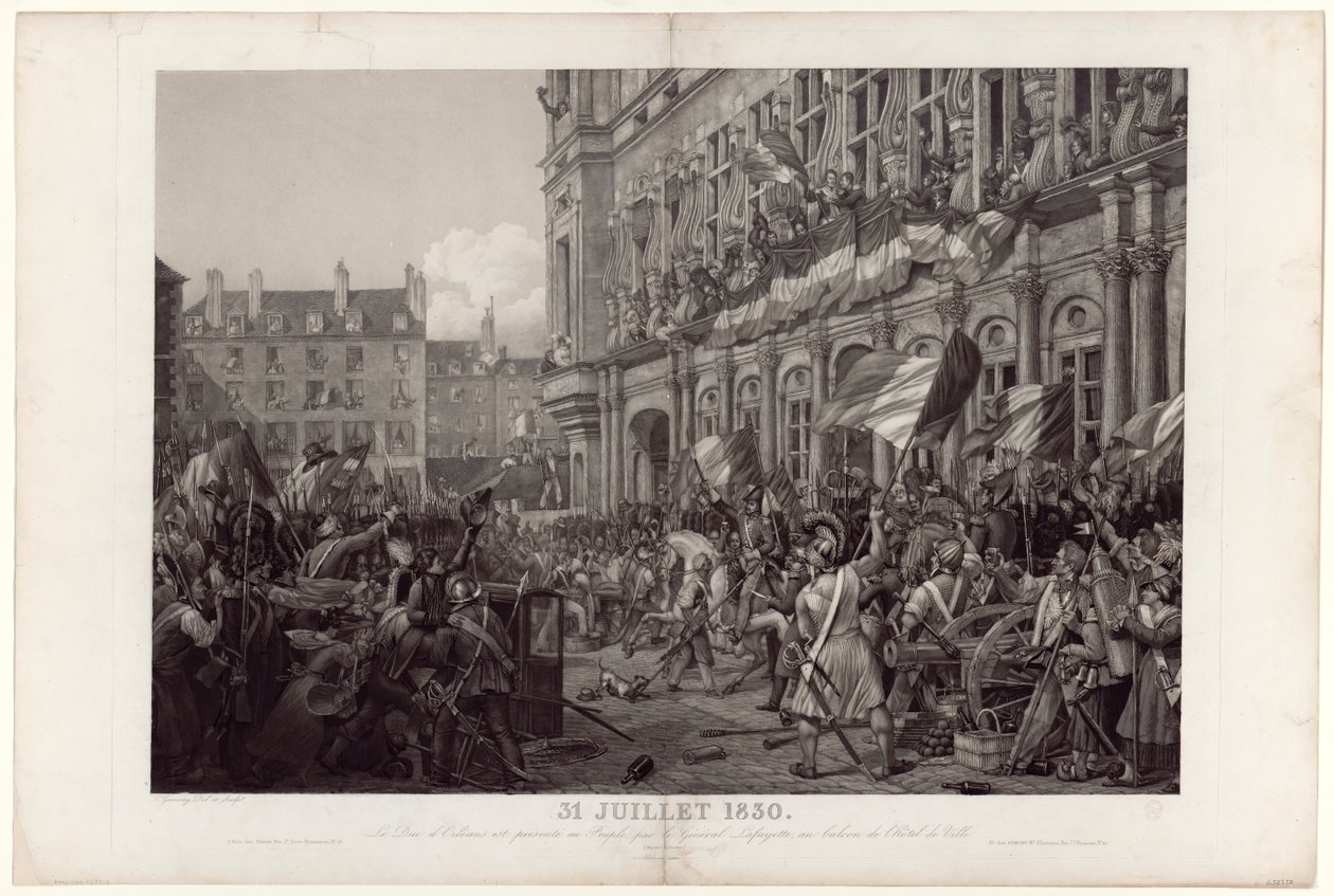 1830年7月31日、オルレアン公爵はラ・ファイエット将軍によって、ヴィル宮殿のバルコニーで国民に披露された。 作： アンブロワーズルイガーネレイ