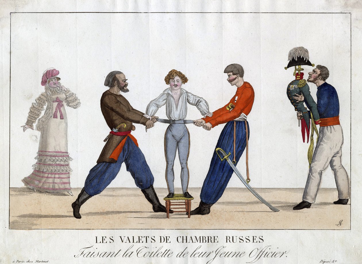 ロシア人青年将校のトイレ - Garneray, Ambroise Louis (1783-1857) - c. 1815 - エッチング、水彩 - 24x32,6 - Private Collection 作： アンブロワーズルイガーネレイ