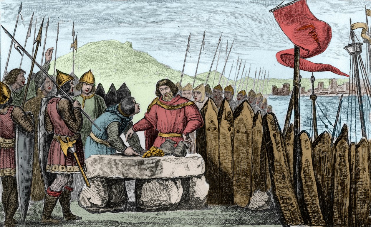 Charles III the Fat (839-88) pays off the Viking invaders in 886 - Charles III 3 le Gros (839-888) 西の皇帝(881-887)とフランスの摂政(884-887)は、ノルマン人と戦うことなくパリの城壁の下で野営し、彼らの引退を買うことを優先した。 作： アンブロワーズ・タルデュー