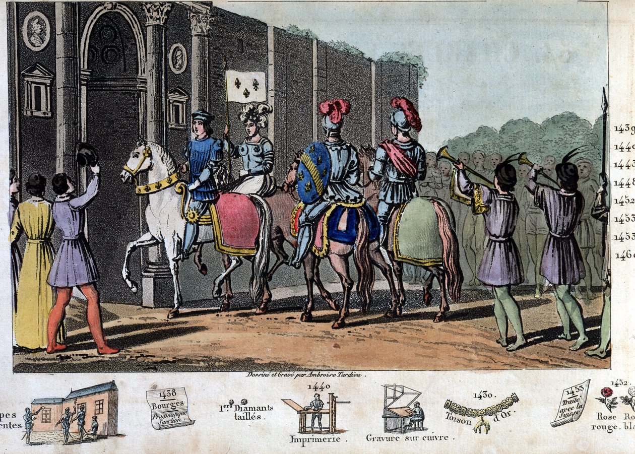 シャルル7世は「The Victorious」（1403-1461）と言う。イギリス軍はオルレアンを包囲していたが、ジョーン・オブ・アークが包囲を解除してオルレアンを解放し、1429年に国王をランスに導いた。- 1825年にAmbroise Tardieuがデザイン、彫刻したもの。 作： アンブロワーズ・タルデュー