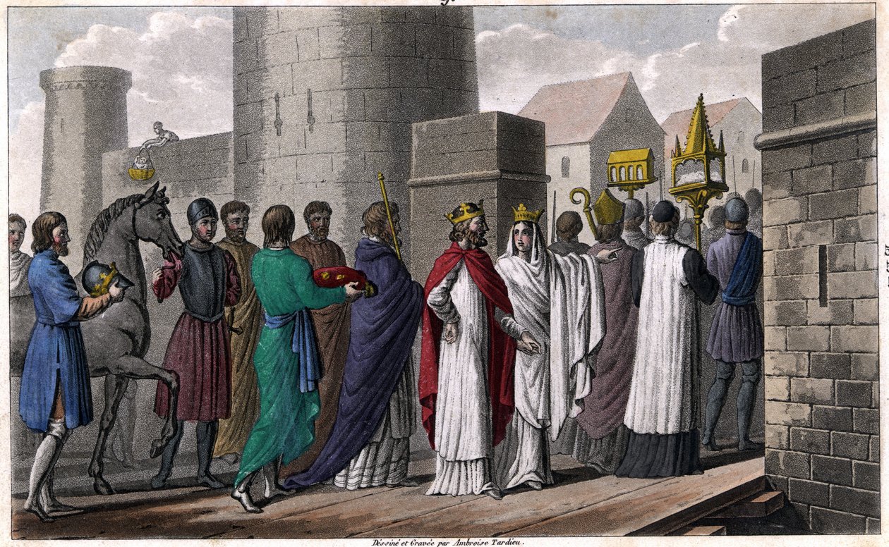 Chilperich, nach dem Mord an Sigebert, betritt Paris in einer Prozession, um nicht den Eid zu brechen, den er abgelegt hatte, nur mit Zustimmung seiner Brüder dorthin zu kommen. Brunehaut (oder Brunehilde), die mit ihrem Sohn Childebert dorthin gegangen wa von Ambroise Tardieu