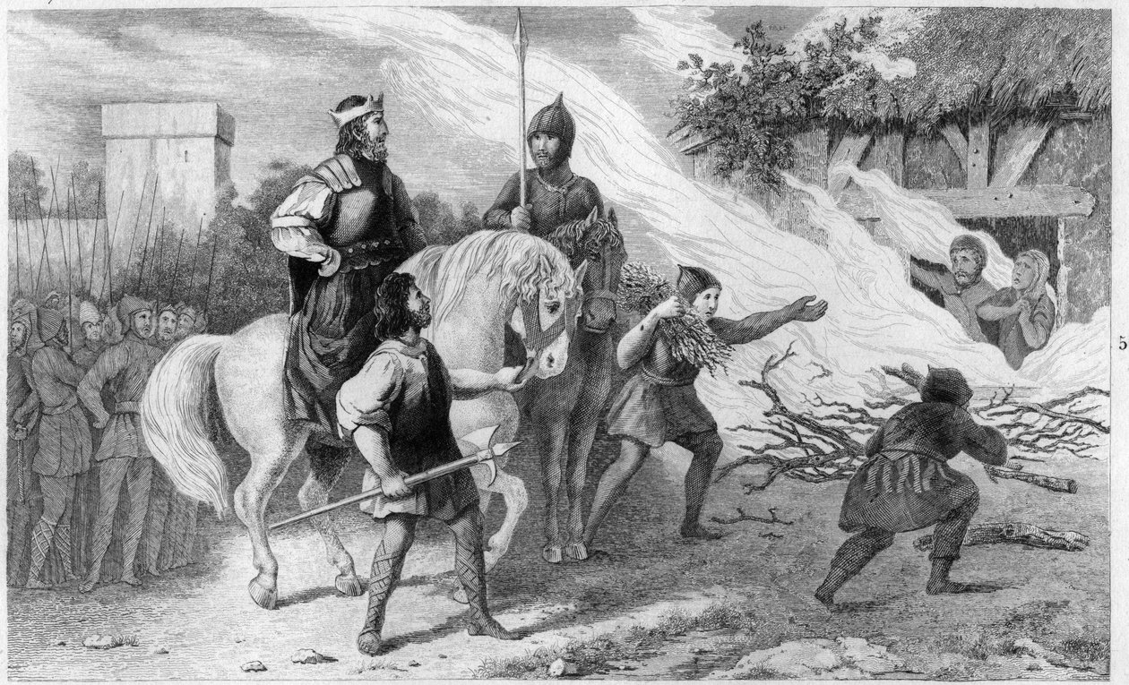 Chlothar I (497-561) は560年に反乱を起こした息子と家族を焼いた - フランク王Clotaire (Clothaire) I (497-561) は560年に反乱を起こした息子Chramne (Chram, Chramn)とその妻を焼いた - 「Histoire de France」に掲載されている1825年のエングレービング。 作： アンブロワーズ・タルデュー