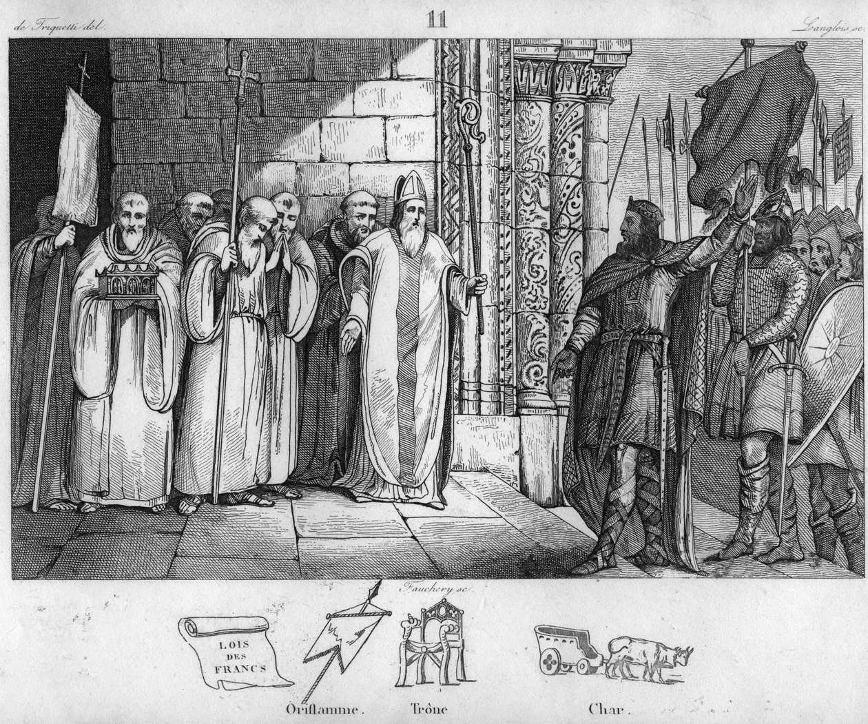 Dagobert 603 to 639 taking down the banner at St Denis - Dagobert I, king of Francs, have created the abbey of Saint-Denis, has the oriflame deposited there around 634 - Engraving of 1825 in "Histoire de France represented by synoptic paintings dedie. 作： アンブロワーズ・タルデュー