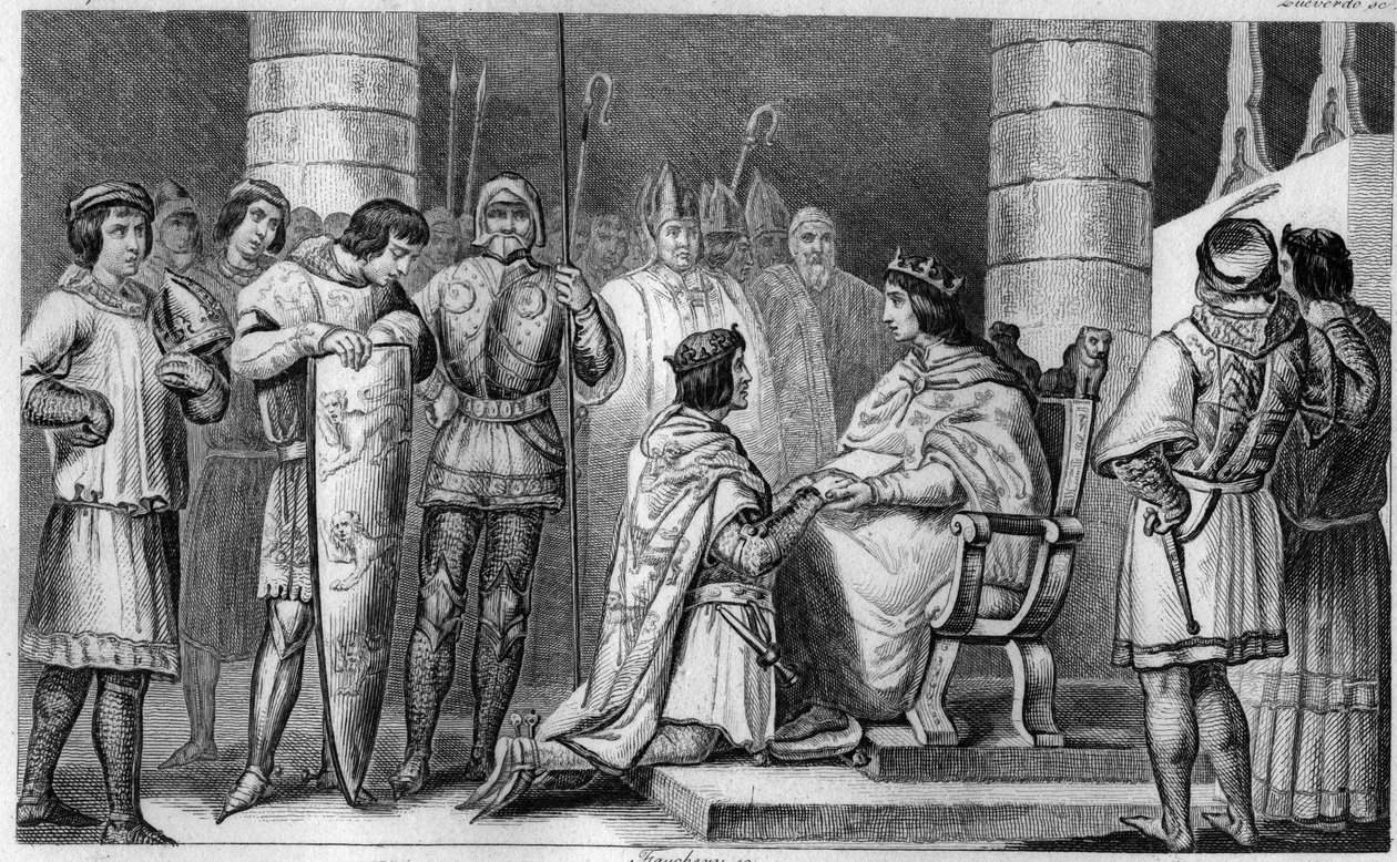 イングランドのエドワード3世は、1329年にアミアンの大聖堂で、ヴァロワ家のフィリップ6世に敬意を払うことを義務づけた - "Histoire de France represented by synoptic paintings dedicated to the children of France and employee for their education "の1825年のエングレーヴィング 作： アンブロワーズ・タルデュー