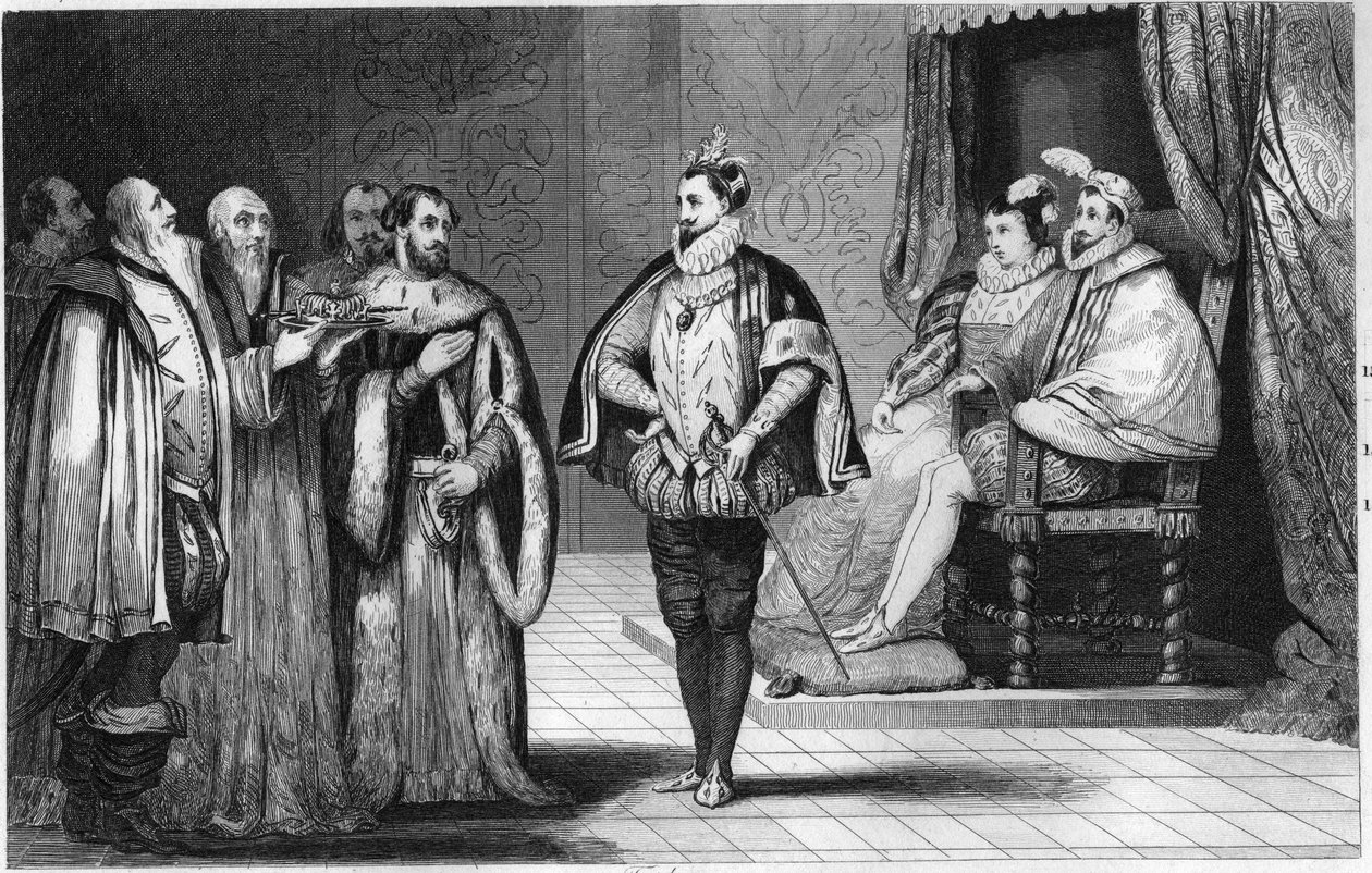 アンリ・ダンジュー（1553-1610）は、兄のシャルル9世（1550-1574）とカトリーヌ・ド・メディシスの前で、ポーランド王に選出されたことを国会から告げられる-ポーランドのディーテ（ポーランド議会下院）の大使が公爵に告げる。 作： アンブロワーズ・タルデュー