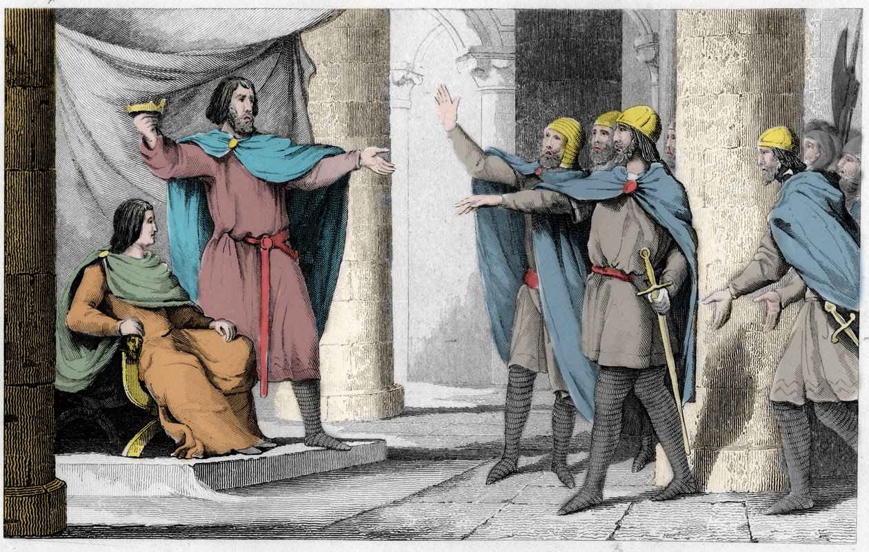 986年、従者に王冠を見せる不屈のルイ5世 - 986年、ユーグ・カペの保護によりフランス王となったルイ5世・ル・フェイナン（967〜987年頃） - 「Histoire de France expressed by synopt」の1825年のエングレーヴィング 作： アンブロワーズ・タルデュー