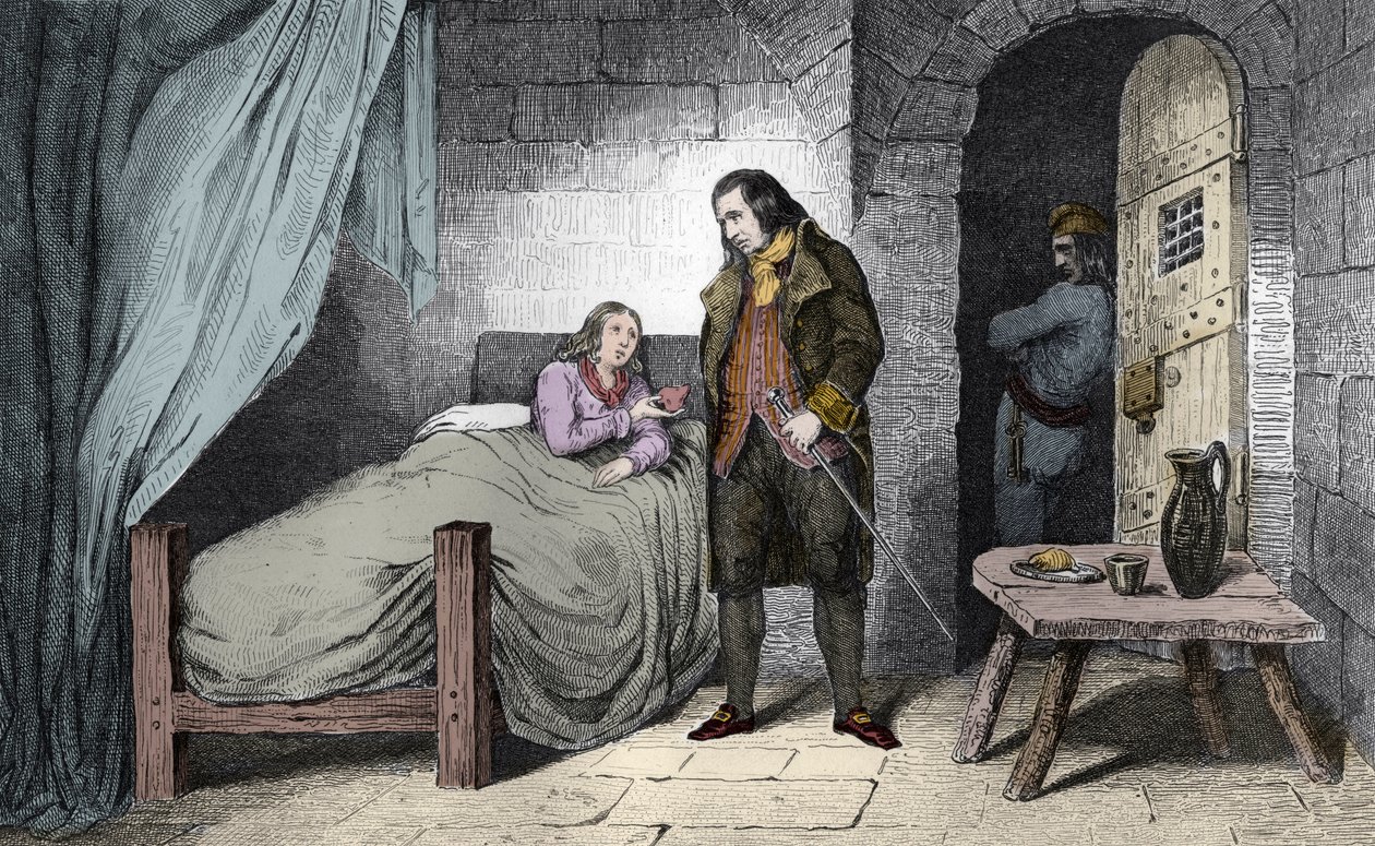 病気で投獄されたルイ17世（1785～95年） - フランス王太子 ルイ17世（1785～1795年）が病気で神殿の牢獄に入っている様子 - 1825年のエングレーヴィング「フランスの子供たちとその教育のための従業員に献呈された共観的な絵画で表現されたフランス史」の中で 作： アンブロワーズ・タルデュー