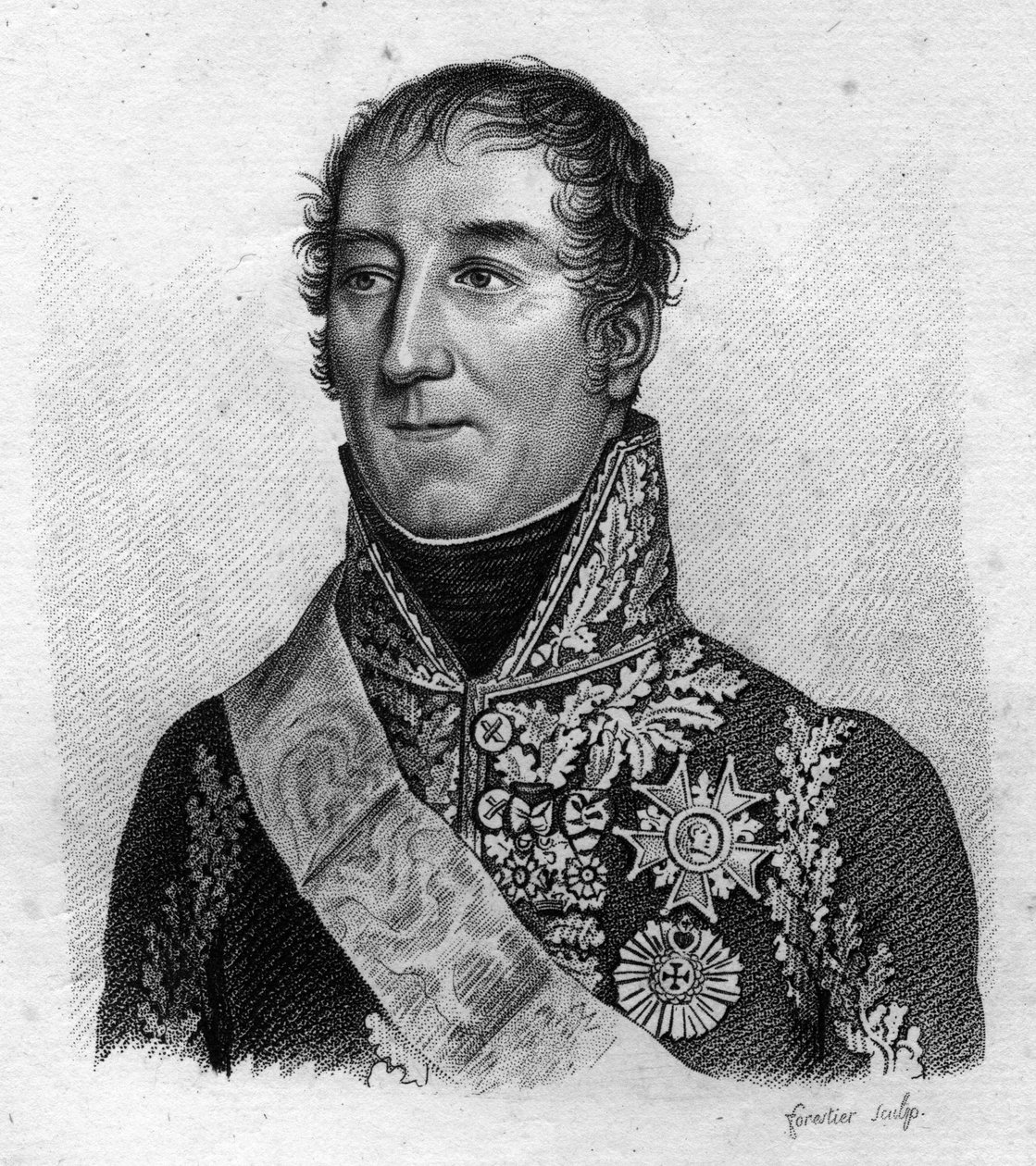 Porträt von Marschall Mortier. Adolphe Edouard Casimir Joseph Mortier, Herzog von Treviso, französischer Marschall und Politiker (1768 - 1835) in „Porträts der französischen Generäle nach den Siegen und Eroberungen der Franzosen“ graviert von Ambroise Tard von Ambroise Tardieu